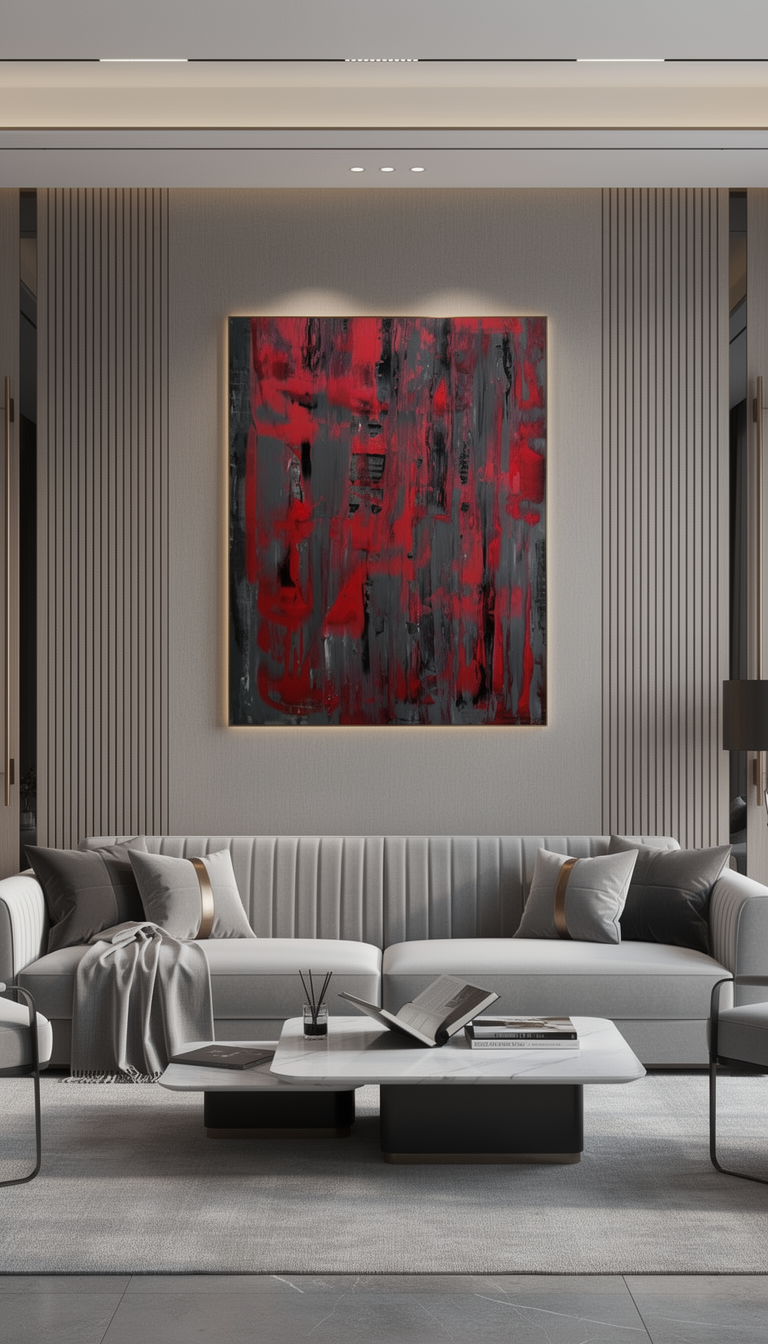 Modern living room with abstract red and black art