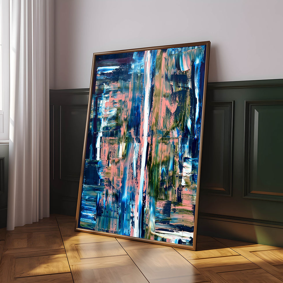 Framed abstract art with blue, pink, and white vertical strokes
