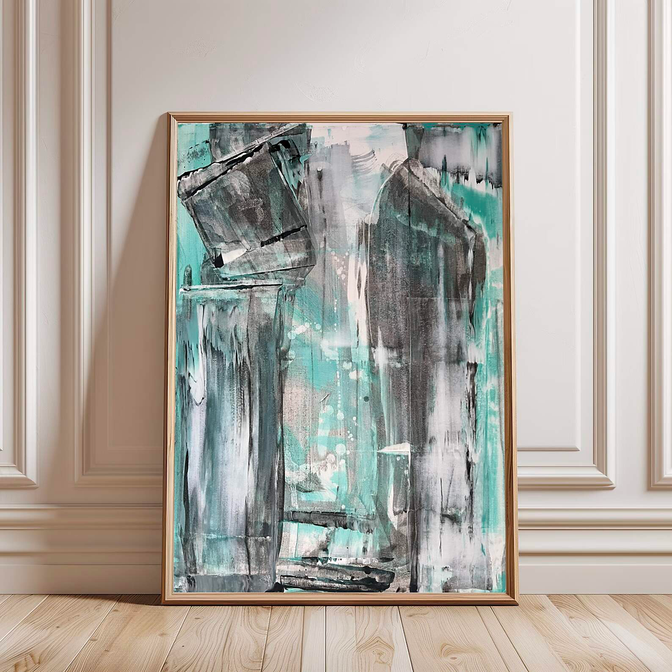 Framed abstract painting with teal, black, and white strokes