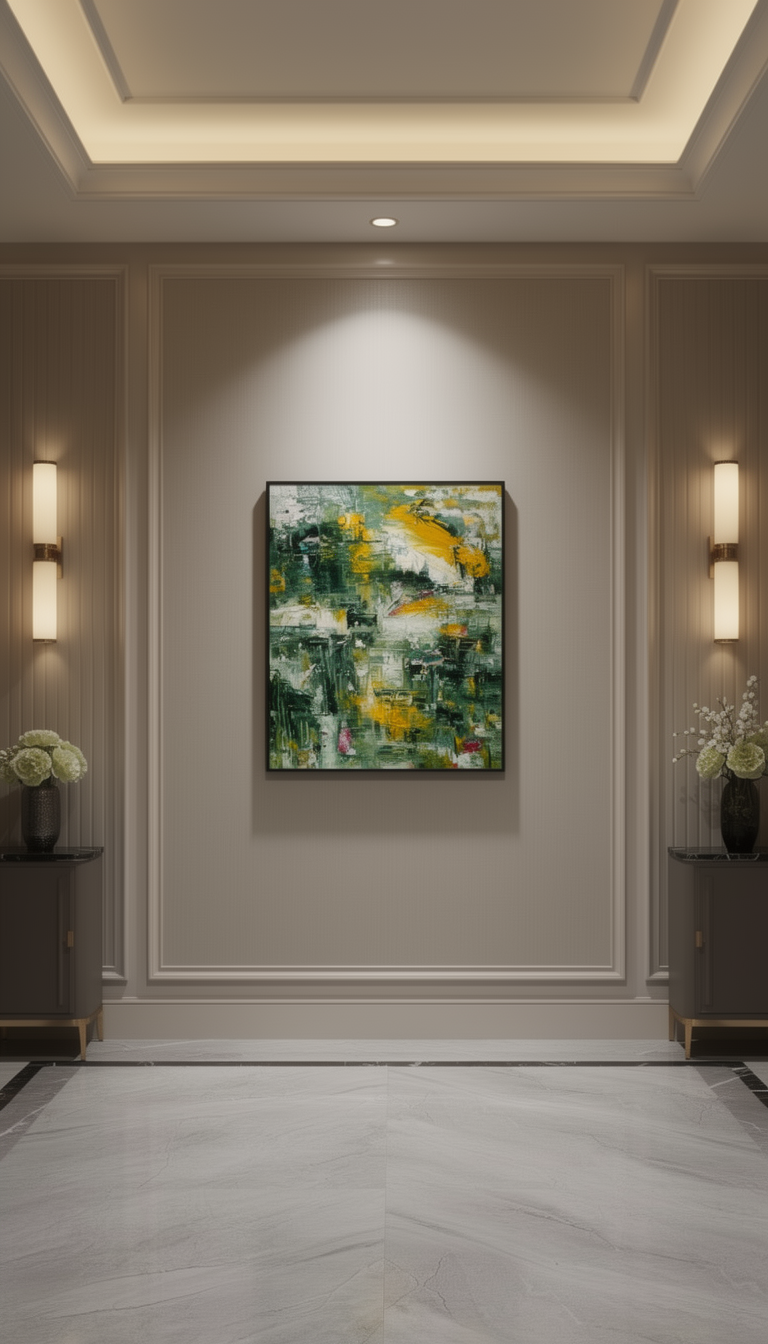 Elegant hallway with abstract painting and console tables