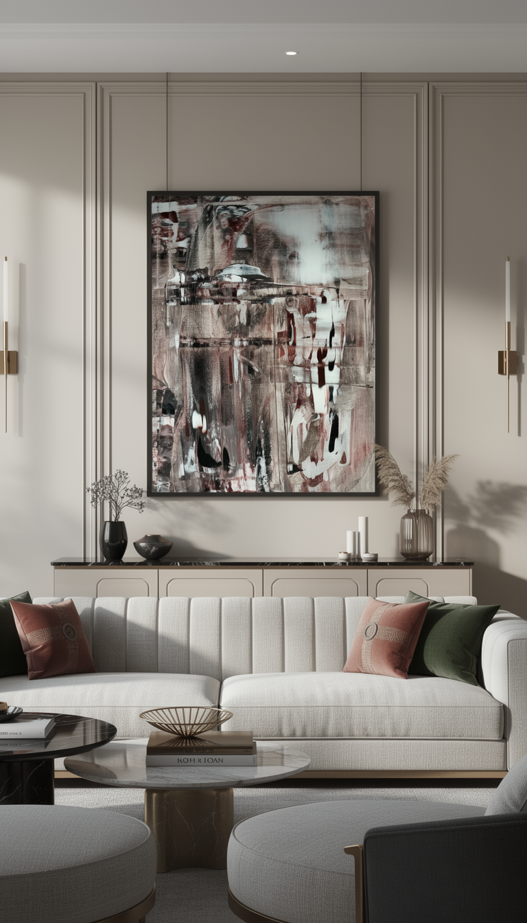 Elegant living room with abstract artwork, cream sofa