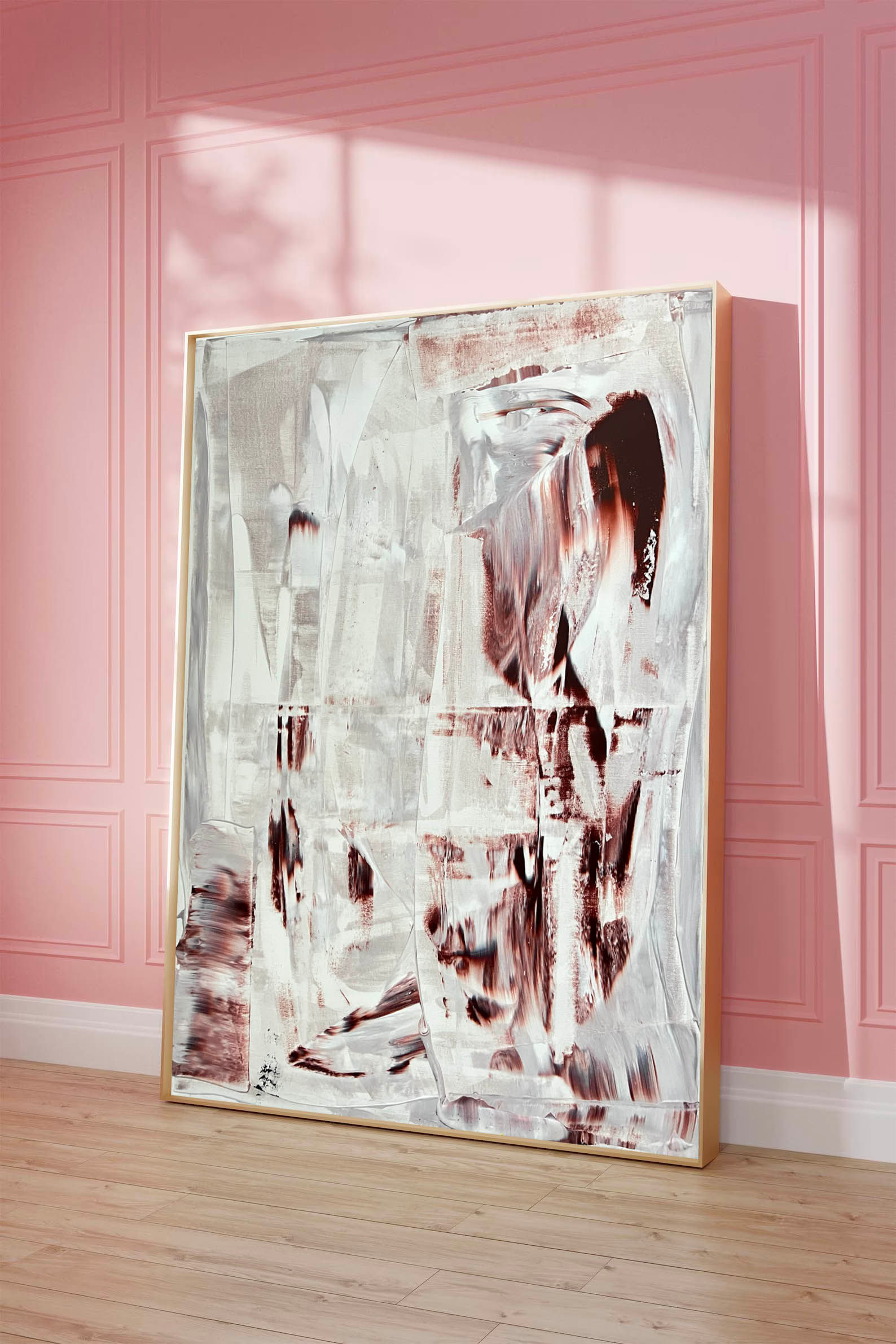 Abstract painting, white, brown, and grey strokes, pink wall with shadow.