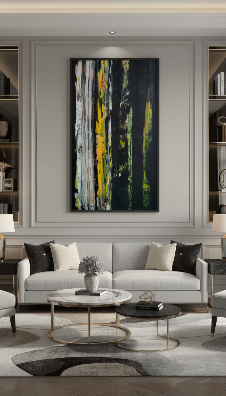 Abstract painting above a white sofa in a modern living room