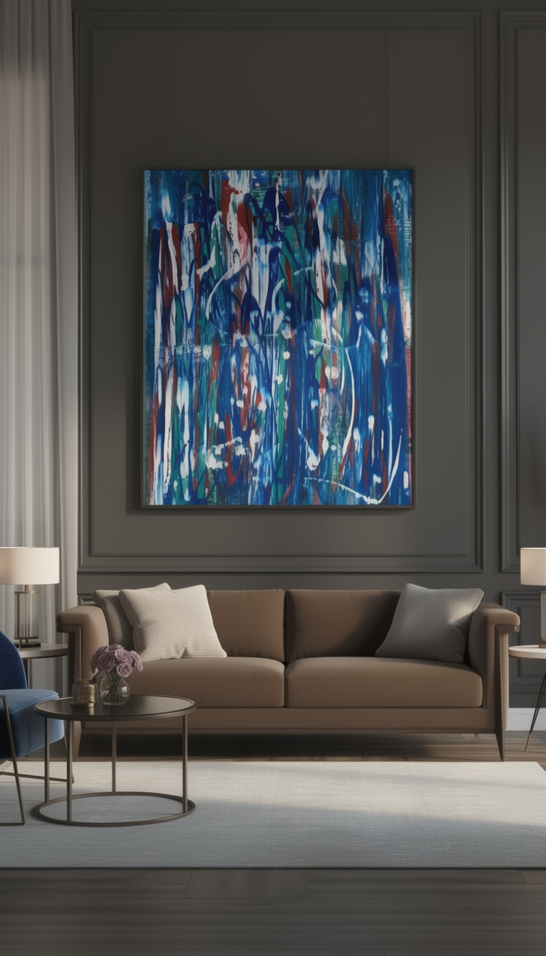 Abstract blue, red, white painting above a brown sofa
