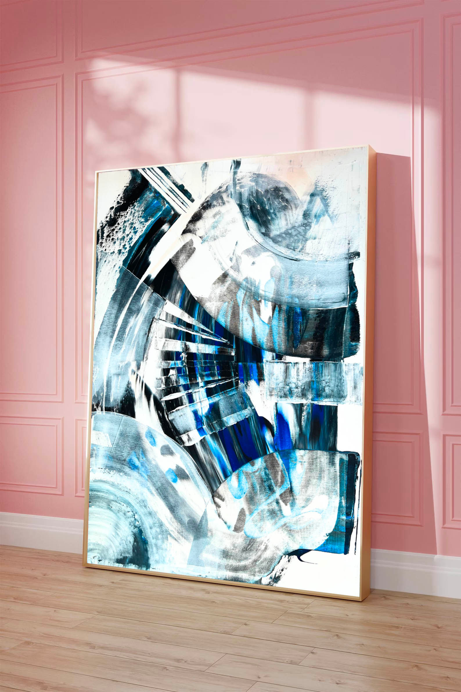 Dynamic abstract painting in shades of blue and white