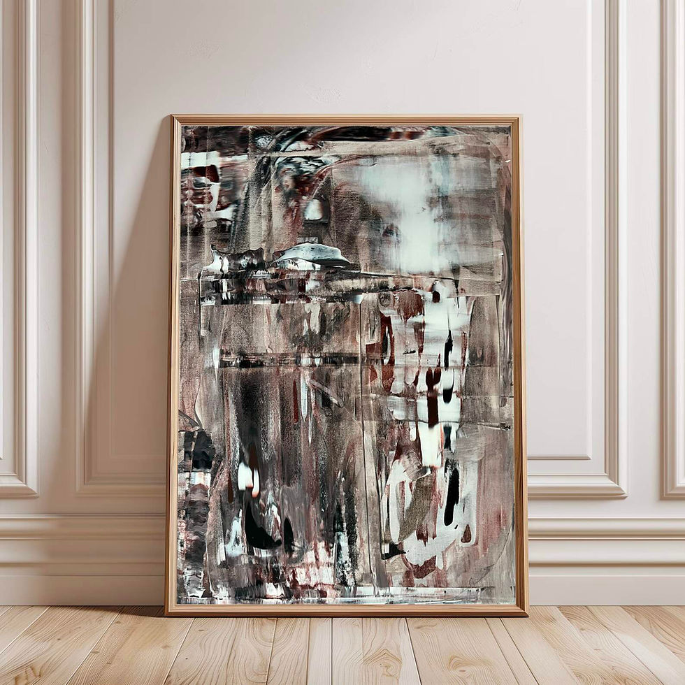 Framed abstract painting with muted textured strokes