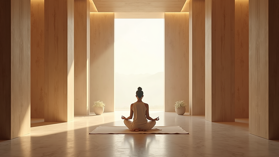 Eye-level view of a serene meditation space with soft lighting