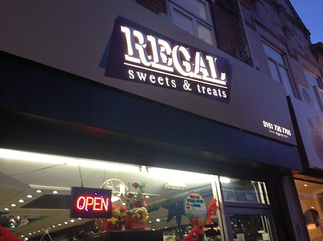 Regal Sweets, Illuminated Fret Cut Sign With Brushed Silver Cut Out Letters 