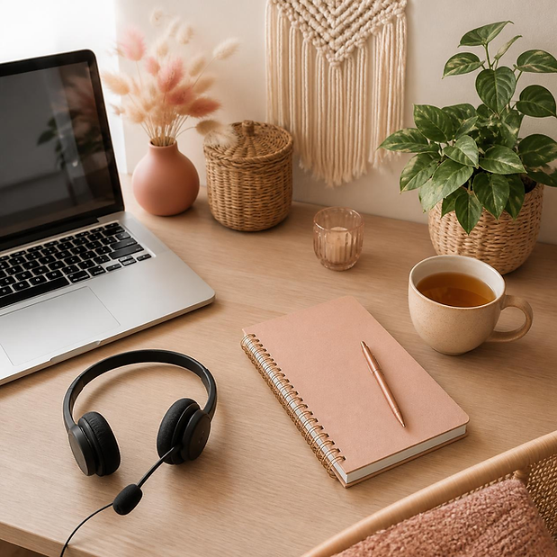 Bureau de télésecrétariat médical avec ordinateur portable, casque téléphonique et carnet de notes, ambiance chaleureuse et organisée