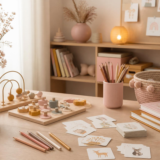 Bureau avec jeux éducatifs et livres pour enfants, ambiance ludique et rassurante pour l'orthophonie
