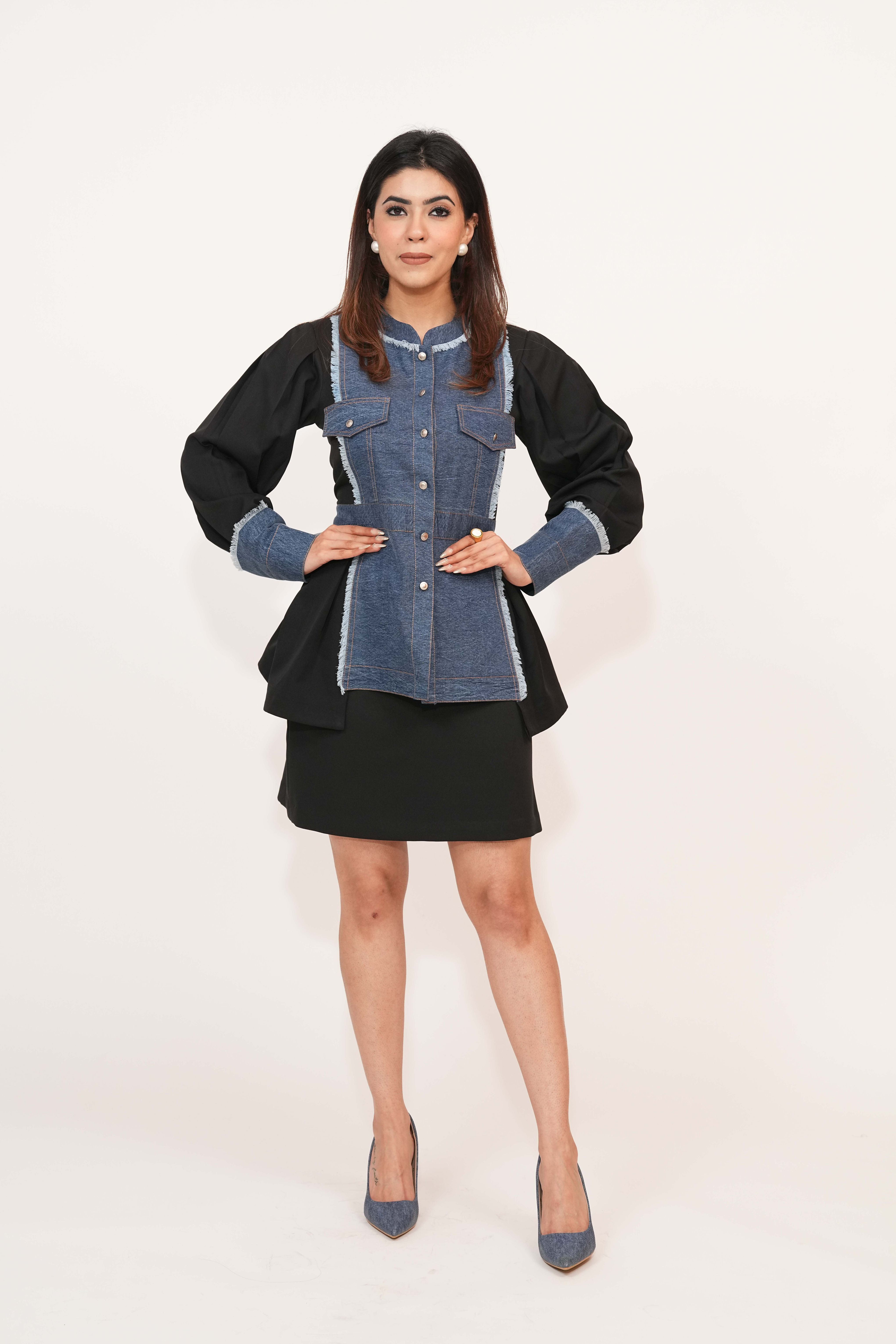 Denim-Black Fusion Peplum-Skirt Set