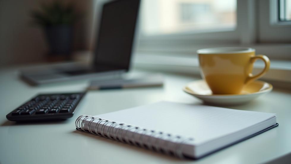 Eye-level view of a neat desk with a calculator, notebook, and coffee cup