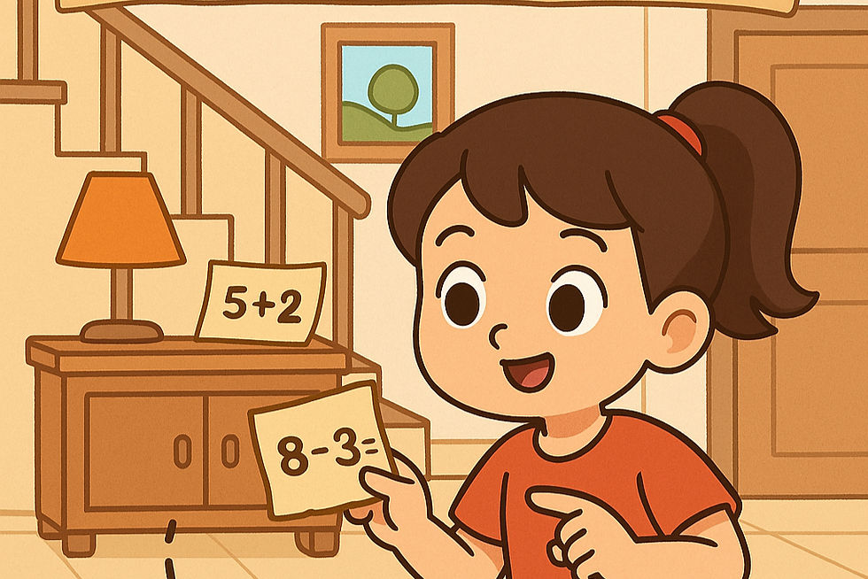 Cô gái mặc áo sơ mi màu cam cầm thẻ toán "8-3=", chỉ tay một cách phấn khích. Nền là cầu thang, đèn và một thẻ khác có "5+2". Tông màu ấm áp.