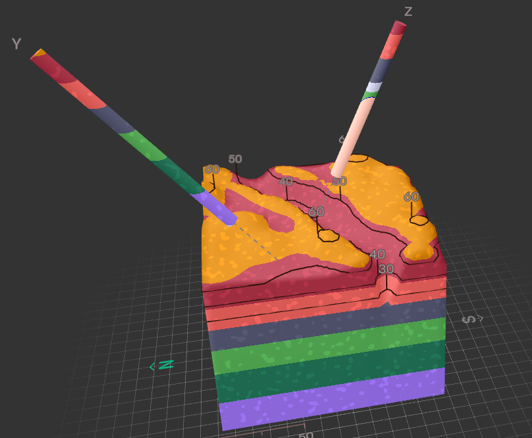 Visible Geology Geologic Model with 2 core samples