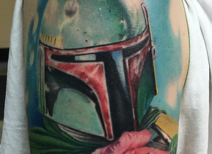 boba fett Detailed color tattoo created by a professional Woodstock tattoo artist