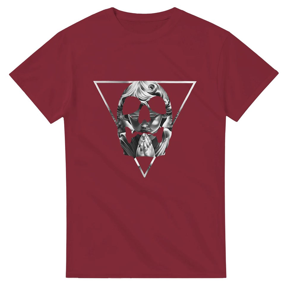 Thumbnail: Red T-shirt with skull graphic design. PRAY-LOGO Heavyweight Unisex Crewneck T-shirt | Gildan® 5000.