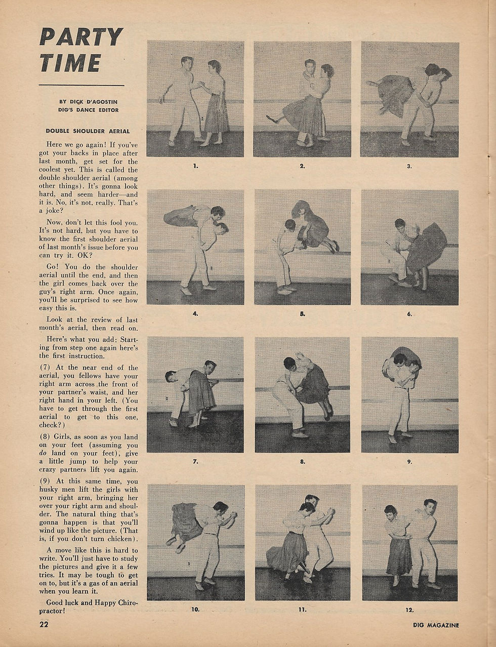 From the May 1957 issue of Dig magazine. Partnered gymnastics, common in lindy performance and competition routines, as well as by performance lindy dancers in movies, was practically non-existent on TV teen record hop shows like "American Bandstand."