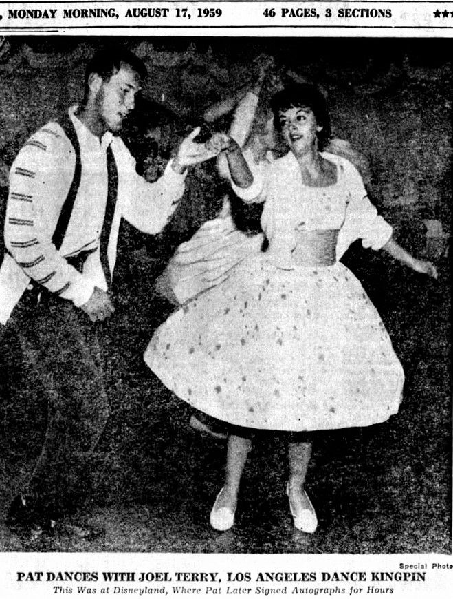 Popular American Bandstand regular Pat Molittieri, who was "let go" from "Bandstand" because Clark, according to Pat Molittieri, was upset that she took a small stipend to write the "Pat's Party Line" column for 'Teen magazine in 1959 (which if true, has Clark ignoring that he was still taking a percentage of the "Picture Patches" which included Pat's likeness on one of them, without her receiving any monies for the use of her likeness), is seen jitterbugging in this 1959 entertainment news item August of 1959. She would later have a small cameo in the 1960 teen romance comedy "Where The Boys Are," which starred Delores Hart (a two-time onscreen leading lady with Elvis Presley and fashion model before entering the convent as a nun), and which also saw the film debut of Connie Francis. Pat Molittieri, unfortunately, would succumb to heart disease at the age of 36 in 1979.