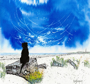 Black ink dot drawing of black labrador sitting on a concrete cube on the beach blank greetings card and prints