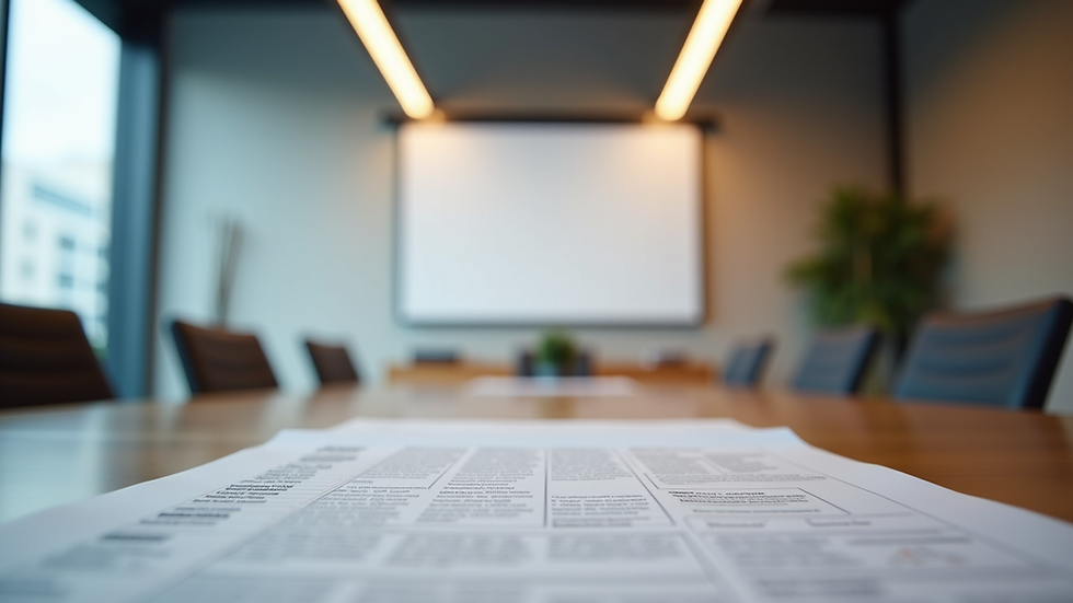 Eye-level view of a modern office meeting room with AI strategy documents