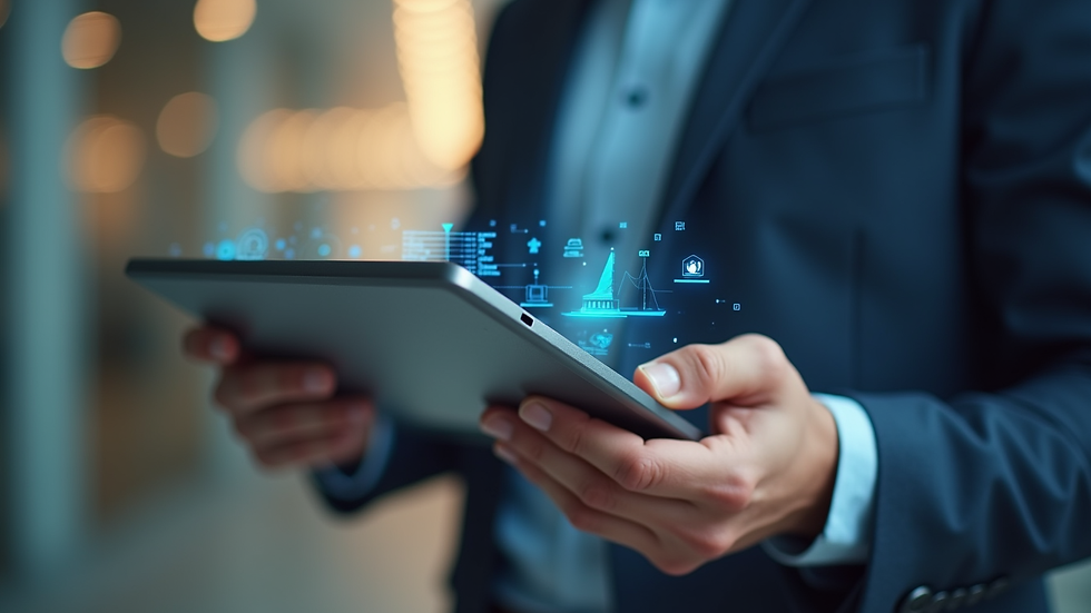 Close-up view of a consultant explaining AI governance framework on a digital tablet