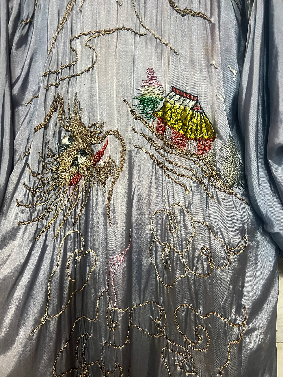 Thumbnail: c.1940s Silk Kimono with Metallic Bullion Embroidery [S-L] 