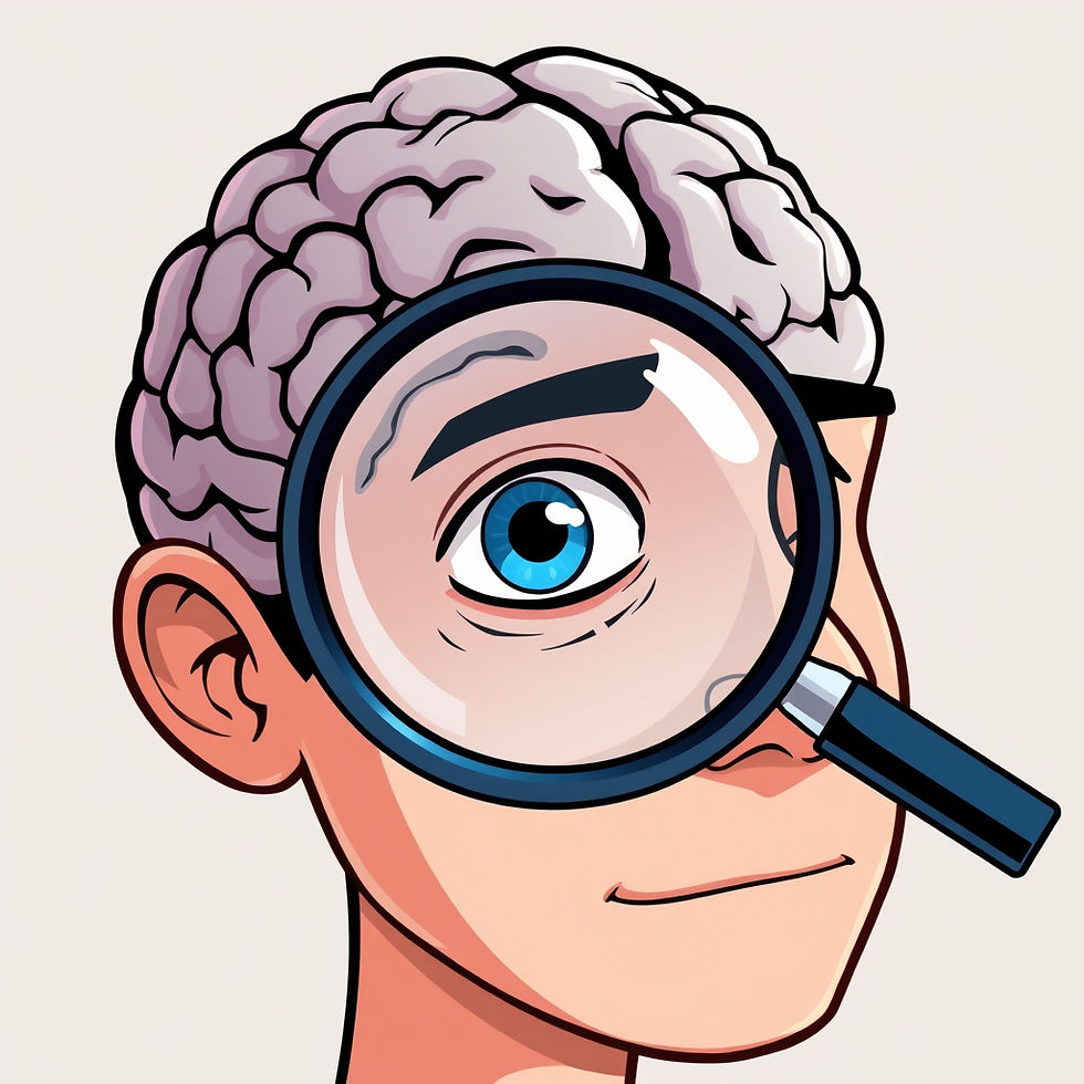 cartoon showing a magnifying glass examining an eye and brain