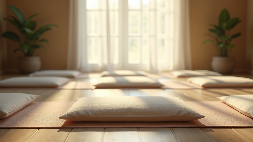 Close-up view of a tranquil meditation space with cushions and soft natural light