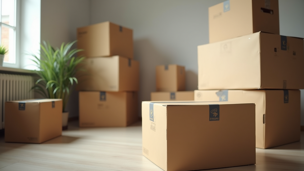 Close-up view of neatly packed moving boxes stacked in a new home