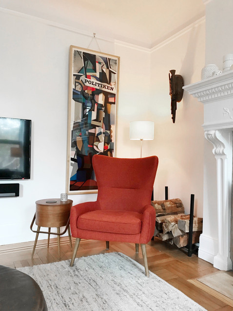 red chair fireplace
