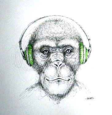 affe, kopfhörer, scribble, zeichnung, serie, wandbild, original, handmade