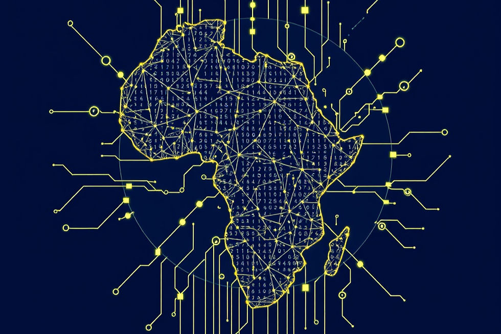 Carte de l'Afrique stylisée en circuit imprimé jaune sur fond bleu. Les lignes jaunes et chiffres illustrent la connectivité numérique.