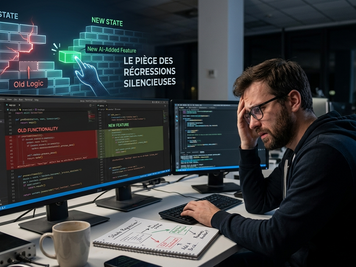 Un homme stressé, lunettes, devant des écrans affichant du code et des diagrammes colorés. Texte: "Le piège des régressions silencieuses".