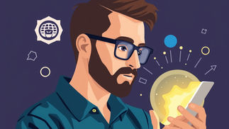 Homme barbu avec lunettes, regarde intensément un smartphone. Arrière-plan violet avec cercles et étoiles jaunes et bleus, évoquant concentration.