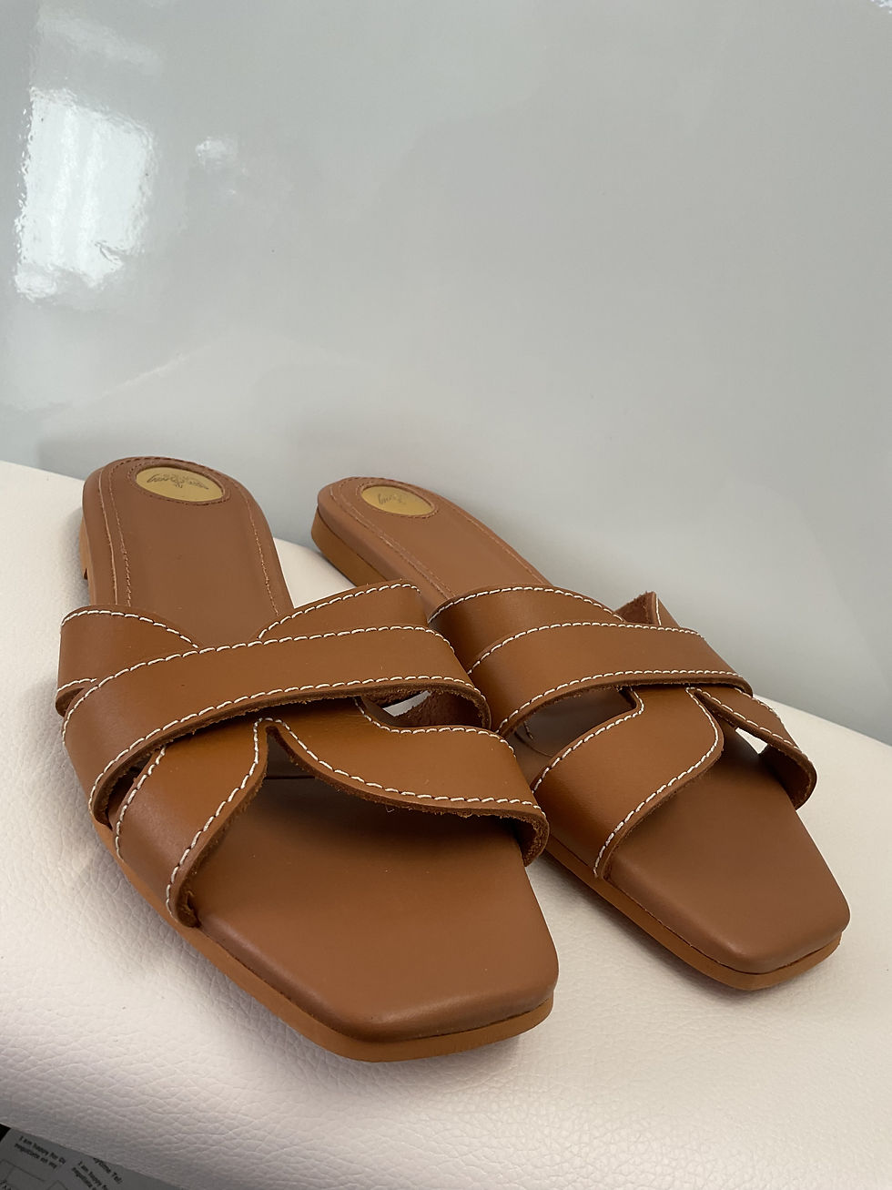 Thumbnail: Mos mosh brown leather slip on sandals size 4 