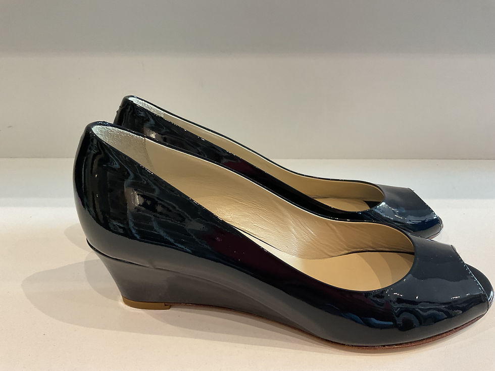 Thumbnail: Hobbs black patent leather open toe wedges size 4