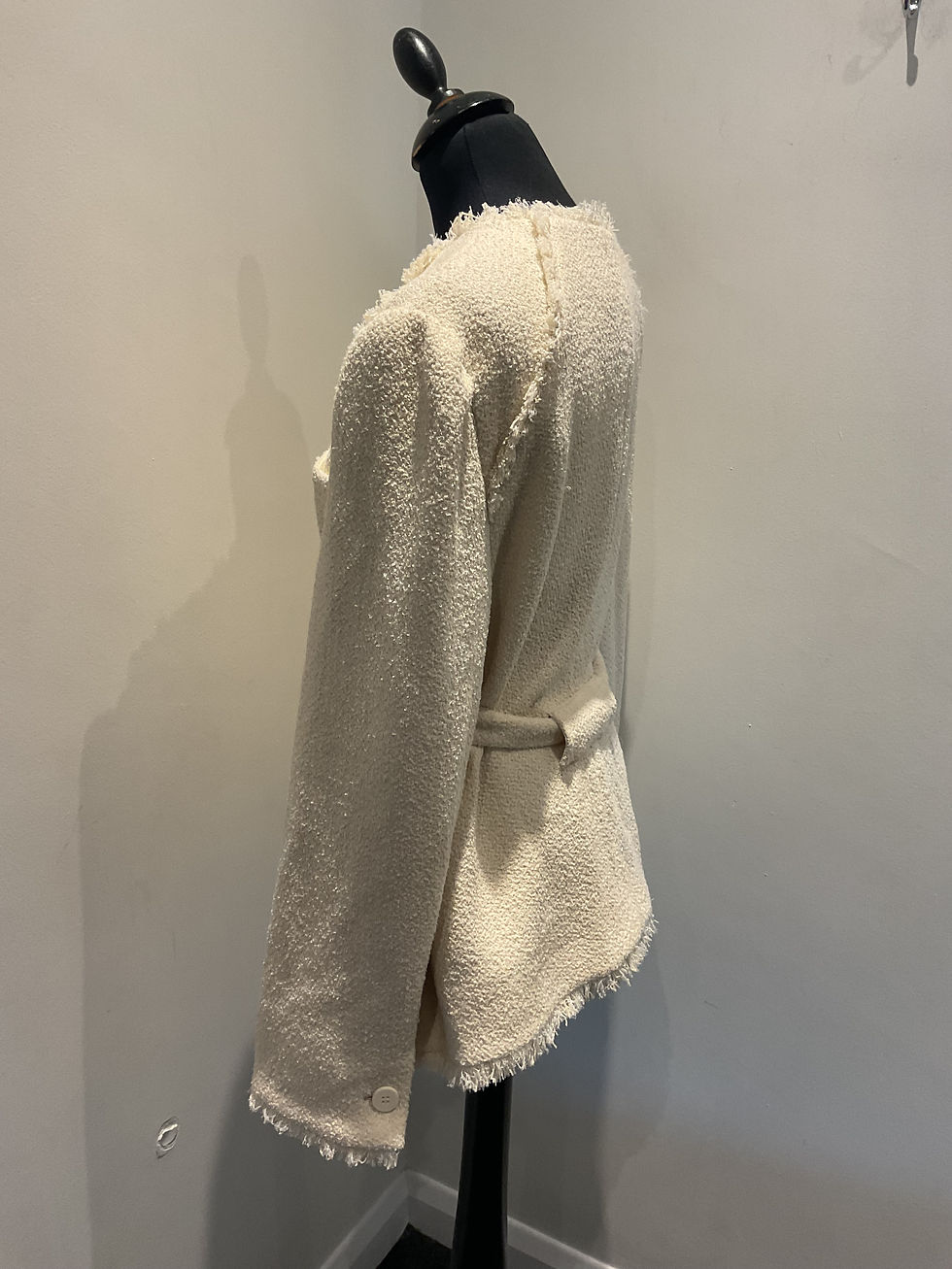 Thumbnail: Me+Em cream belted fringe boucle jacket size 14 