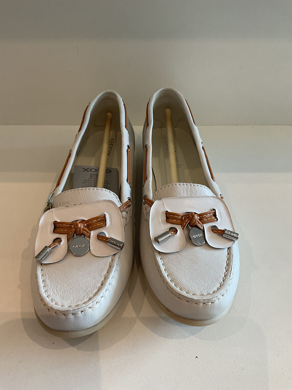 Thumbnail: Geox Respira white and tan boat shoes size 5 