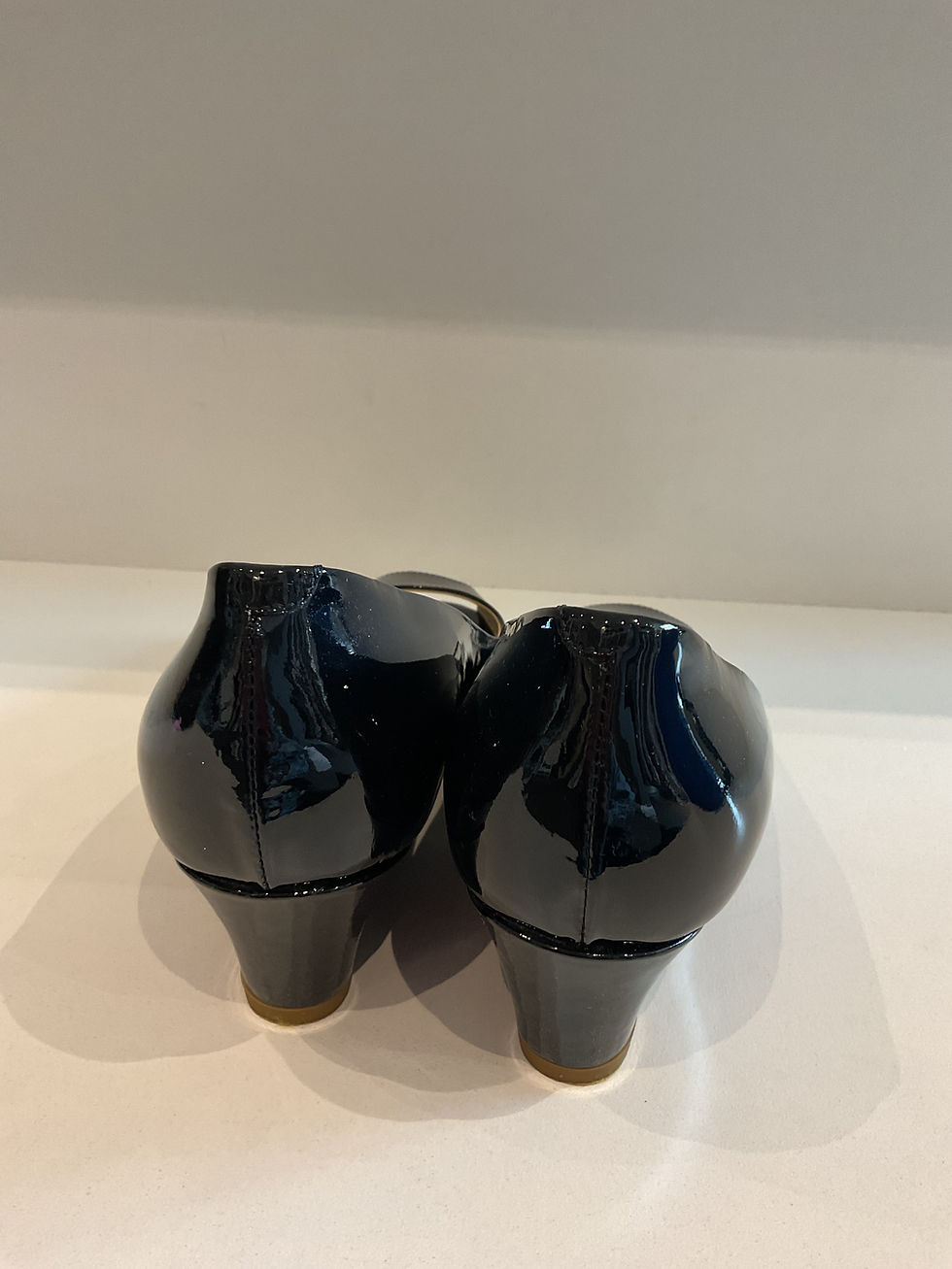 Thumbnail: Hobbs black patent leather open toe wedges size 4