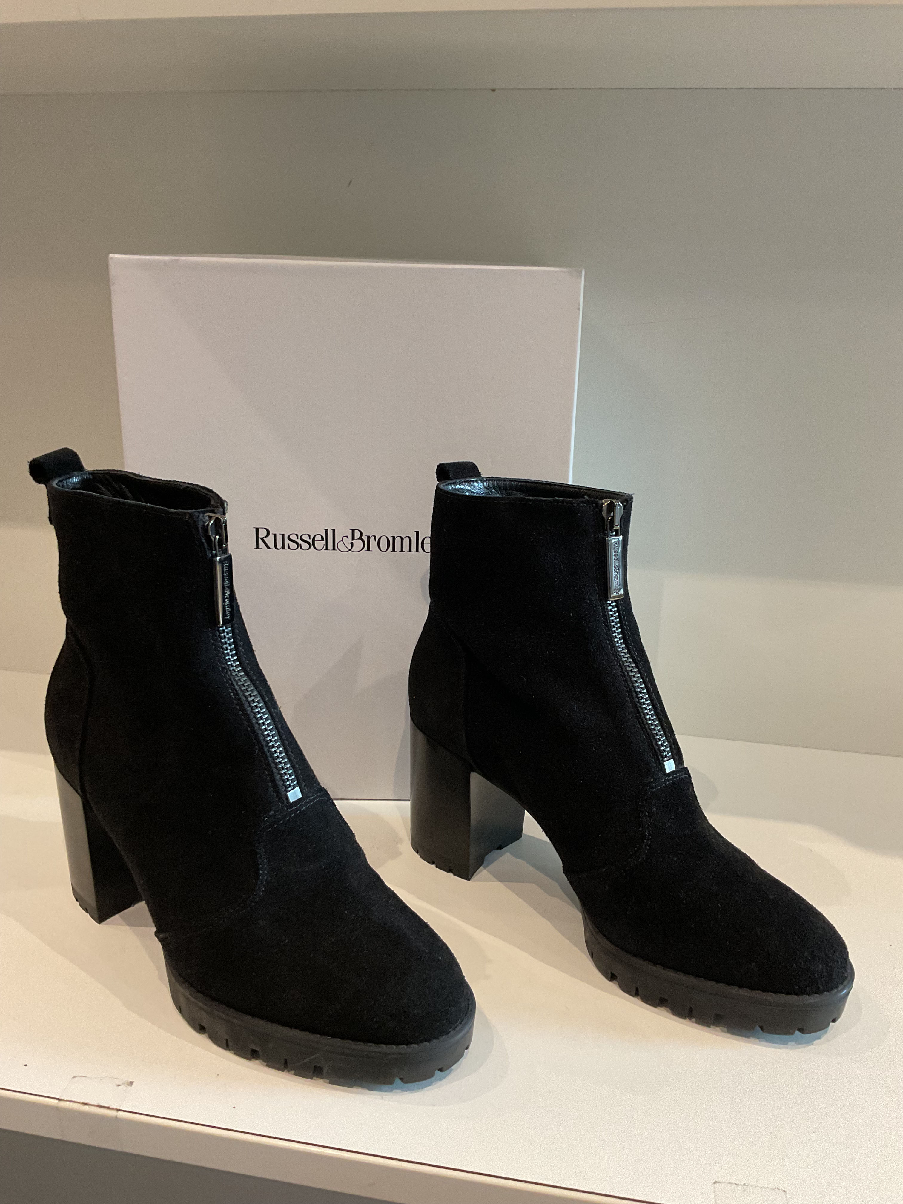 Russell & Bromley black suede block heel ankle boots size 37.5 (3.5)