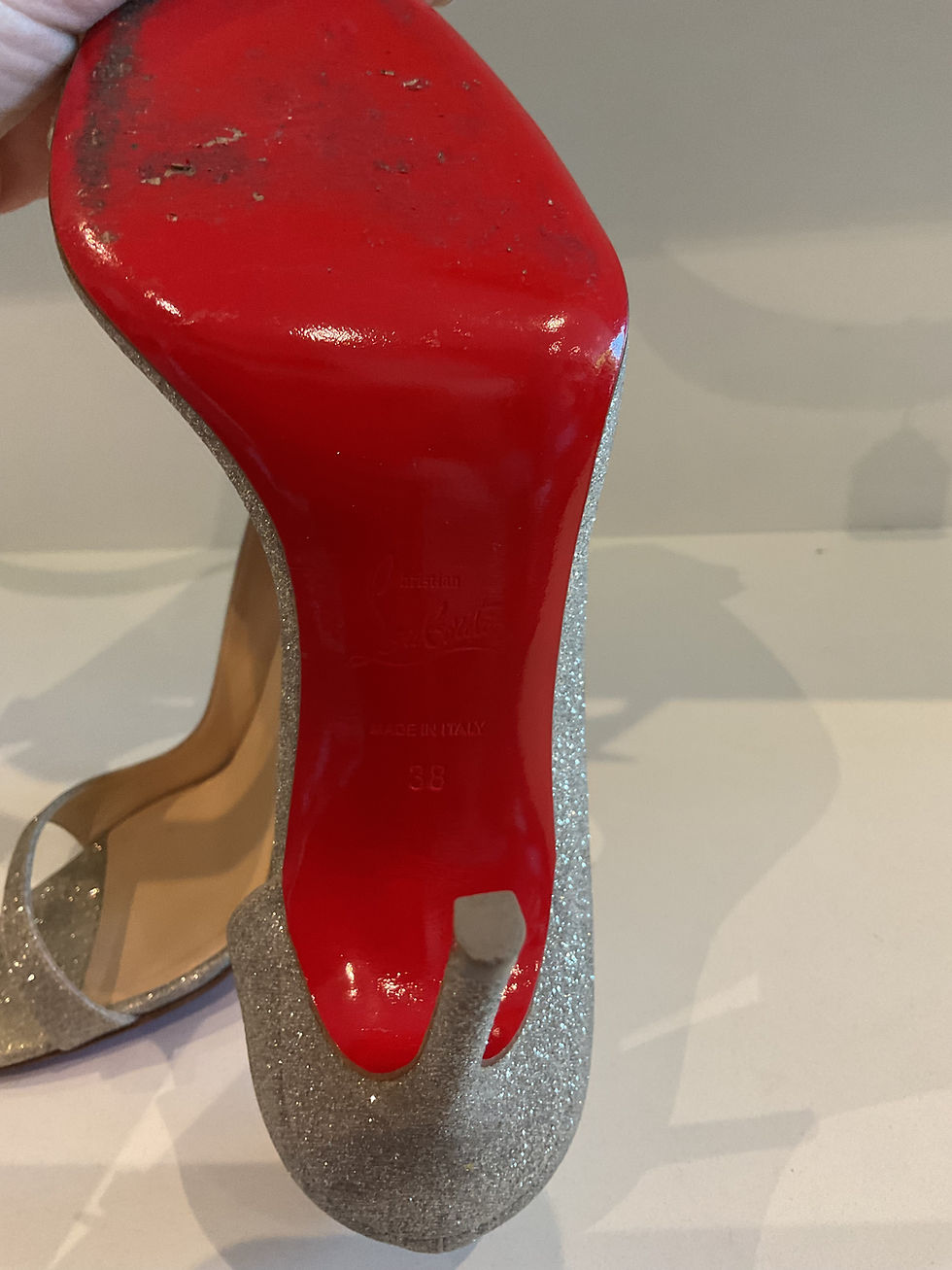 Thumbnail: Christian Louboutin metallic gold “Toboggan” 100mm leather open toe heels size 5