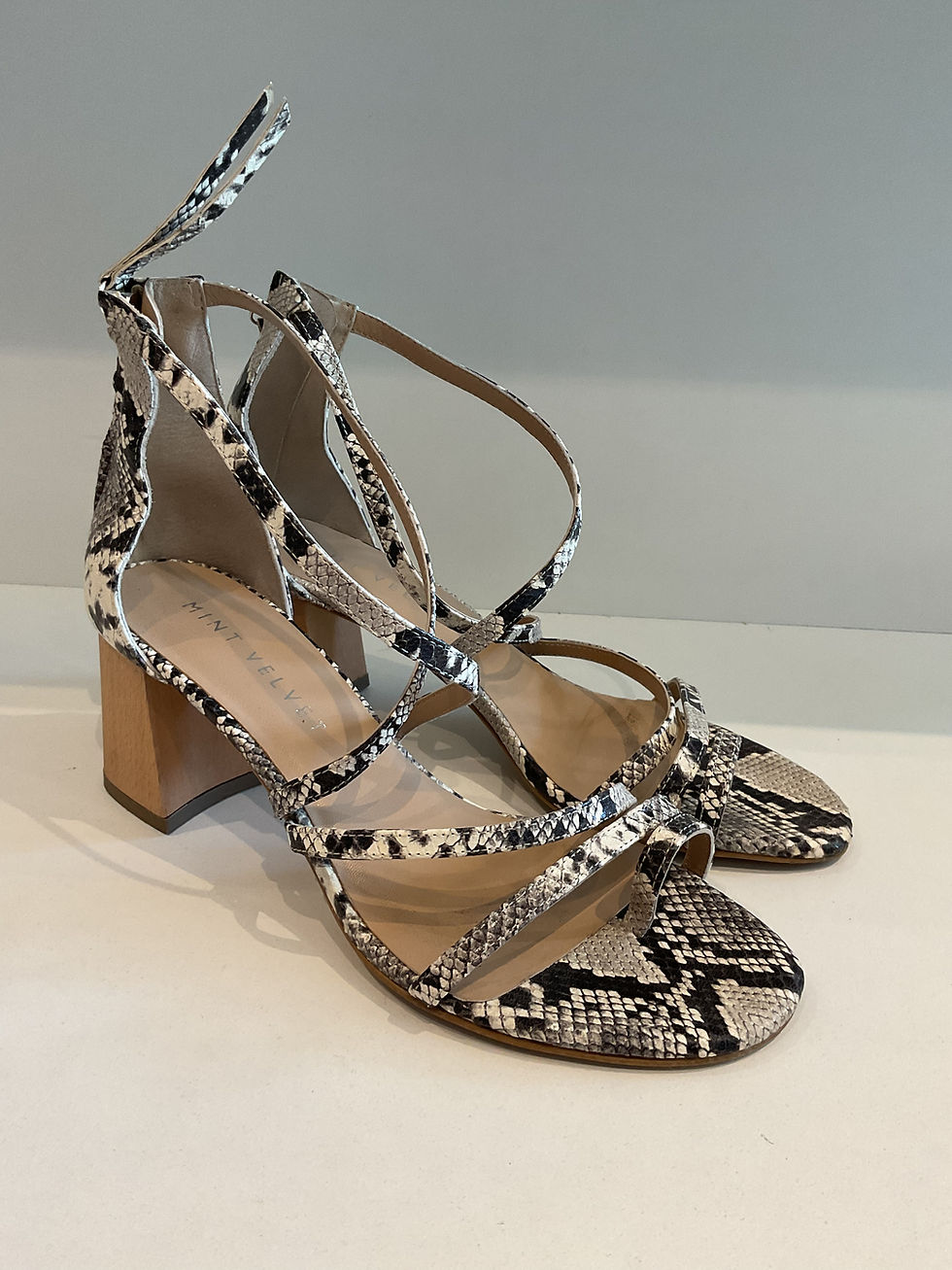 Thumbnail: Mint Velvet snake print wooden heel shoes size 6