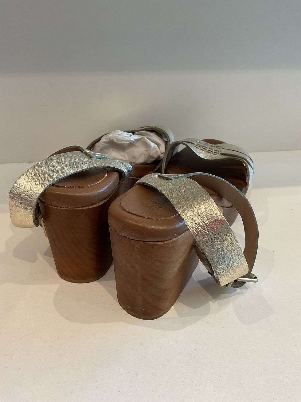 Thumbnail: Boden gold/wooden platform heeled sandals size 7 (40)