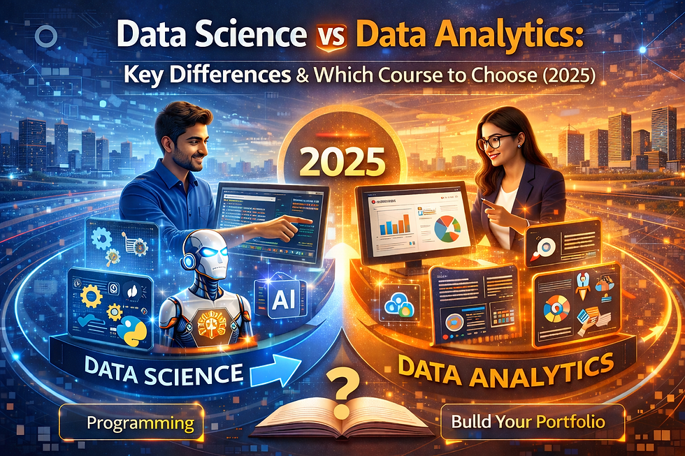 Man and woman comparing data science and analytics on screens. Text highlights course choices for 2025. Futuristic cityscape background.
