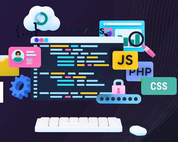 Computer screen with colorful code, keyboard, JS and PHP icons, cloud, and magnifying glass on dark background. Tech and coding theme.