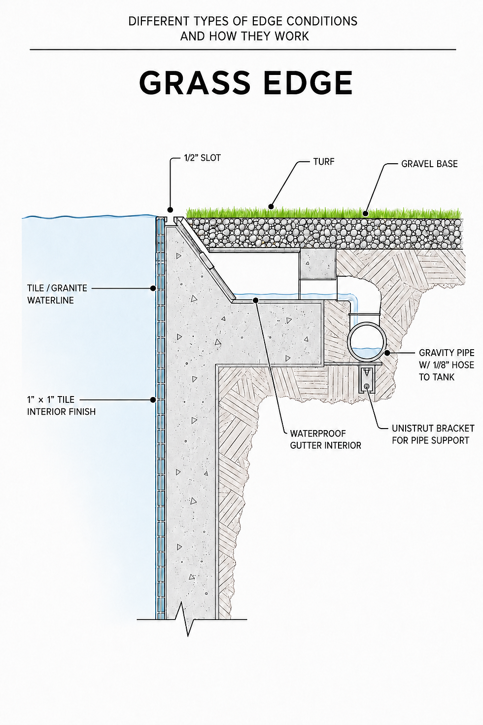 Technical diagram of a grass edge cross-section with labeled turf, gravel base, waterproof gutter, tile waterline, and gravity pipe