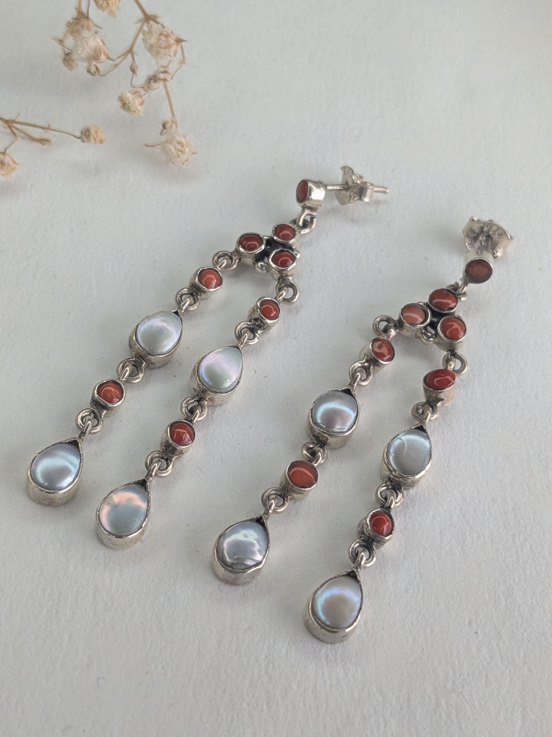 Triveni - 925 Silver Earring Dangler with MOP and Coral Accent.