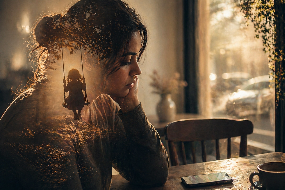 Woman in a cafe, gazing thoughtfully. A silhouette of a child on a swing is superimposed. Sunlit, warm mood with a phone on the table.