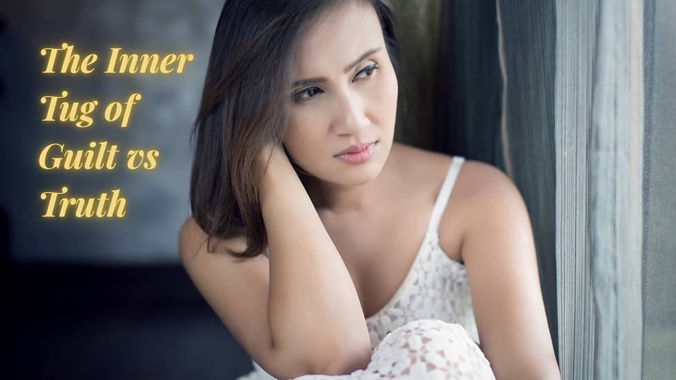 Woman in a lace dress looks contemplative by a window. Text reads "The Inner Tug of Guilt vs Truth." Soft lighting, introspective mood.