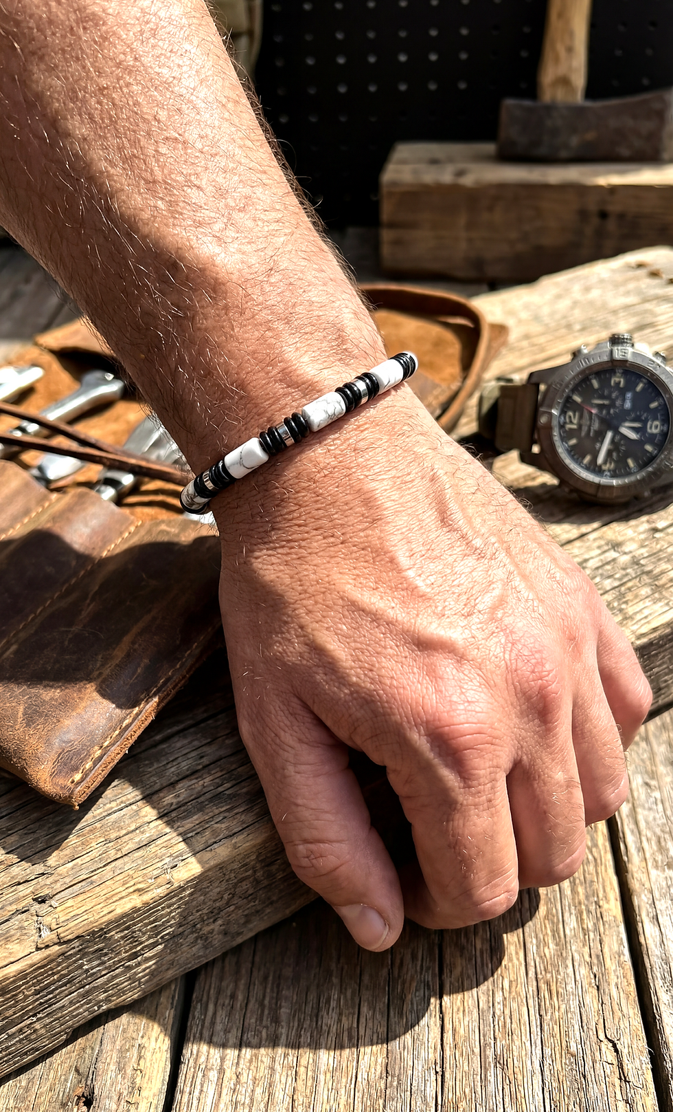 Miniature : Bracelet  argenté en pierres naturelles Obsidienne noire / Howlite Blanche AA 6